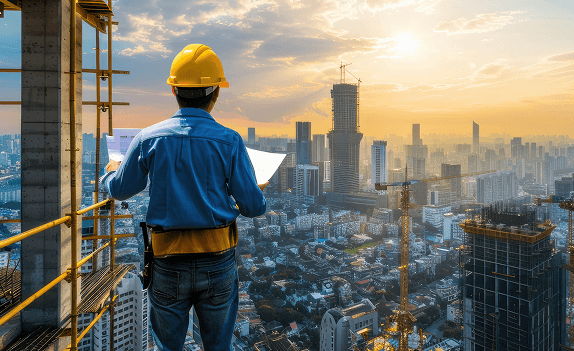Construction worker overlooking city skyline